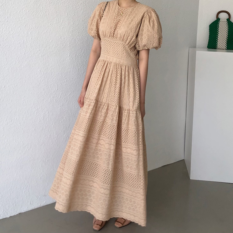 Sommer Frauen Strand Stil Solide max kleid O-ansatz Puff hülse Kleider hoch Straße Weibliche Vestidos INKEO 9D217: L / Kakifarbig