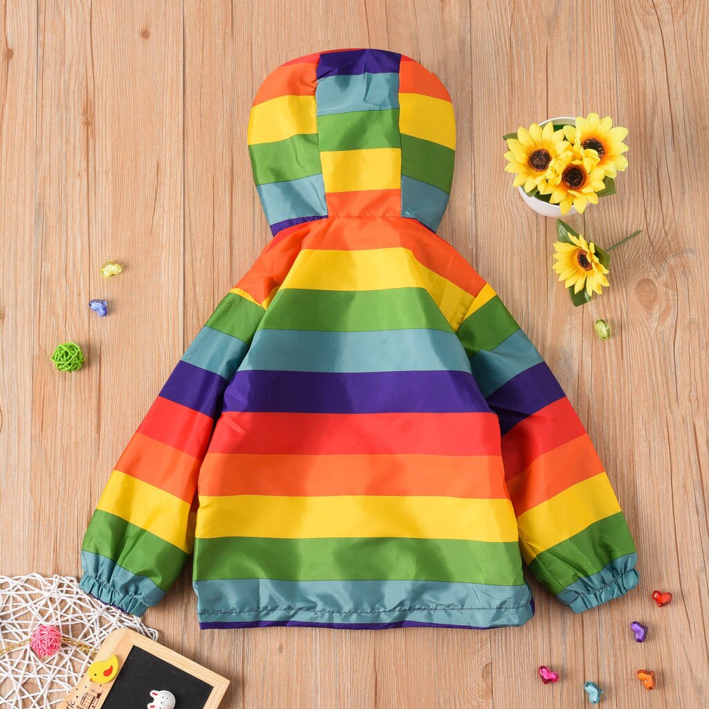 Toddler Floral Clothing Collar Children Kids Baby Grils Boys Long Sleeve Rainbow Stripe Hooded Coat Tops Outfits