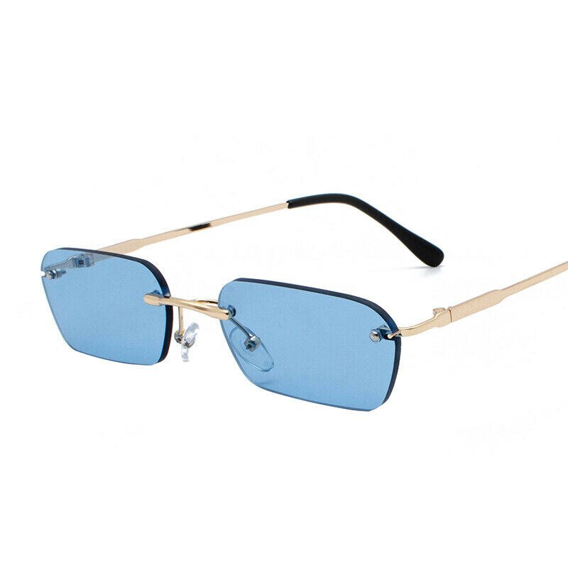 Blue rimless shops sunglasses