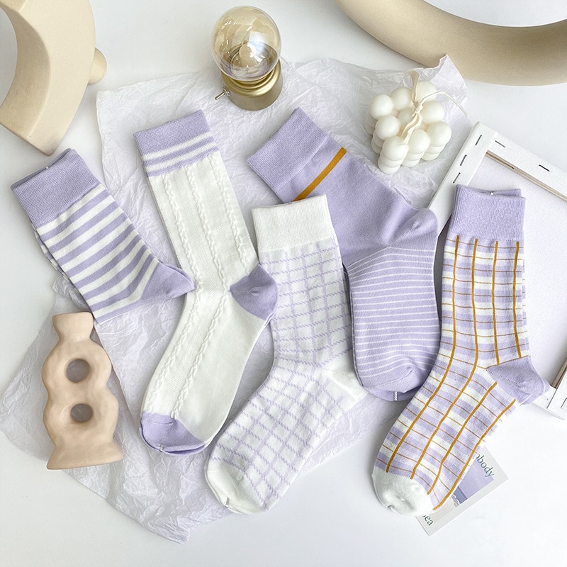 Stil bomullsstrumpor #39 bomull harajuku dam vintage lila rutiga strumpor ränder galler tubstrumpa sox