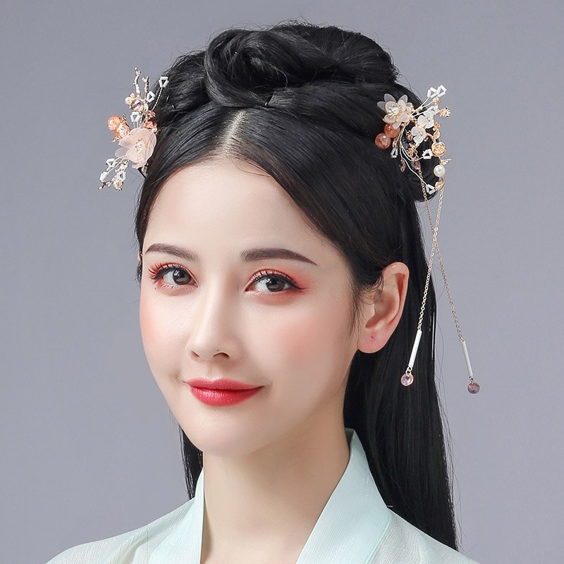 Retro Chinese Style Butterfly Flower Crystal Pearls Hanfu Dress Long Tassel Hairpins Hair Combs Jewelry Sets for Women Girls