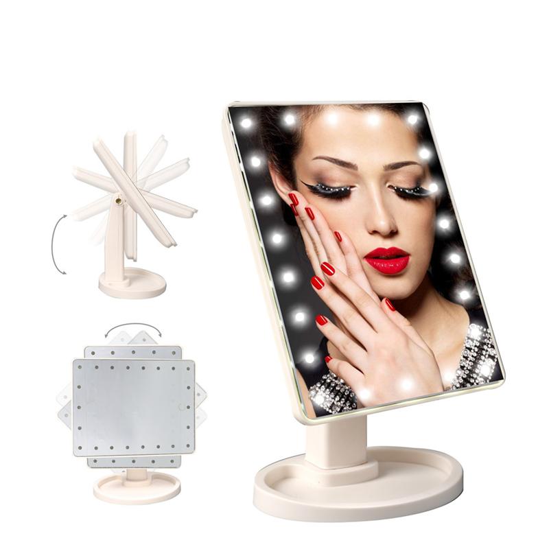 360 Rotating Large Makeup Mirror with 22 LEDs Lights for Home Travel with Touch Dimmer Switch Battery Operated