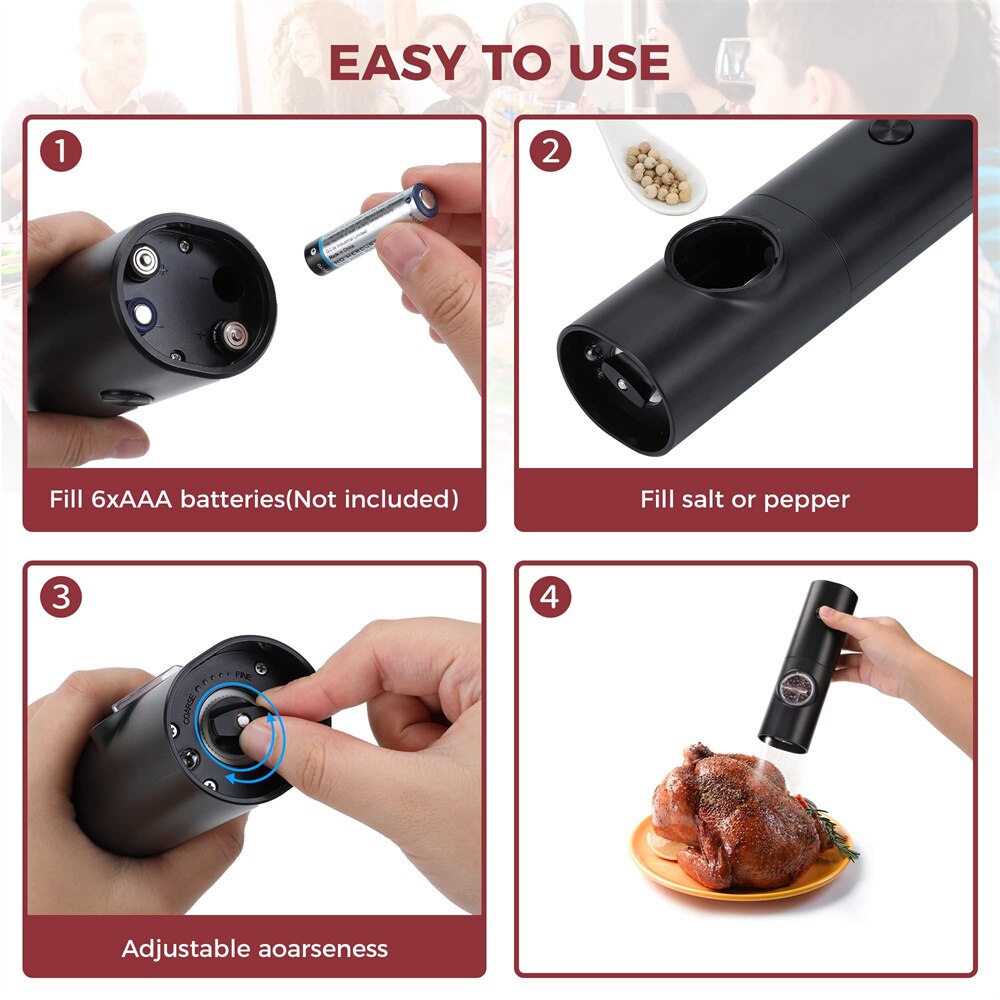 Elektrische Salz- und Pfeffermühle mit einstellbarer Grobheit, nachfüllbare Mühle, batteriebetriebenes automatisches Gerät für die Küche