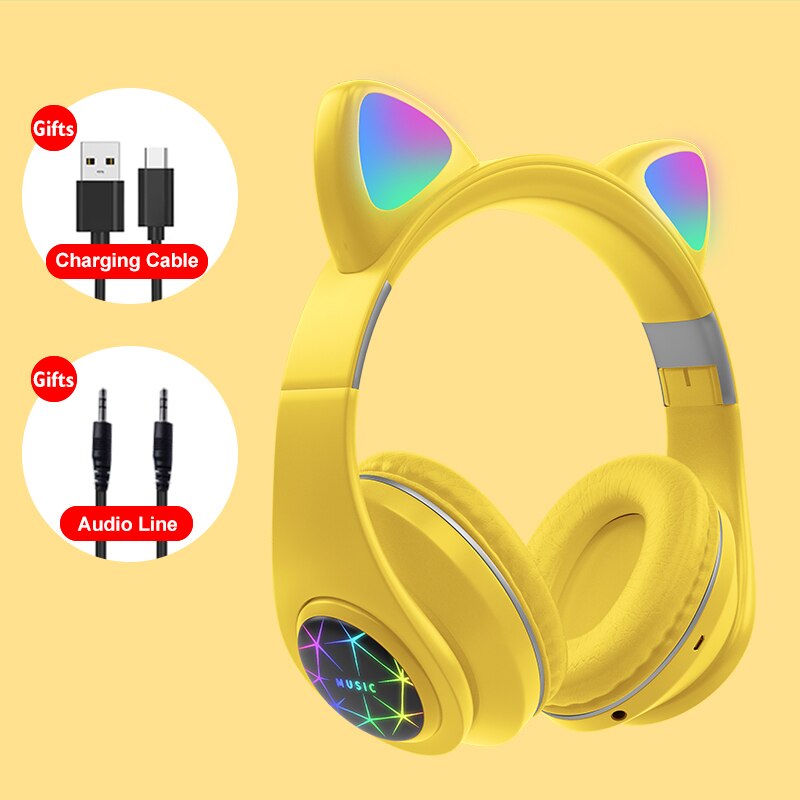 Cute Cat Earphones Wireless Headphones Muisc Stereo Bluetooth Headphone With Microphone Children Daughter Earpieces Headset: Yellow