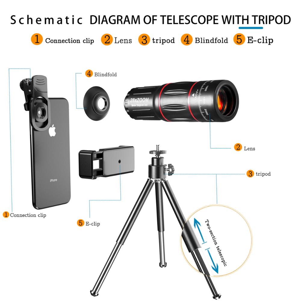 Kit universal 4 da lente do telefone da lente da câmera em 1, 28x lente telefoto, compatível com o iphone 8 7 6s plus x xs xr samsung