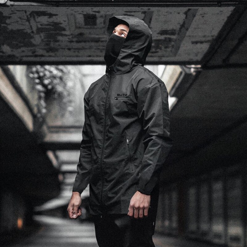 Heren fitness sportjack winddichte jas rits capuchon hardloopjacks heren sportkleding workout joggingjack hoodies: Zwart 2 / Ik