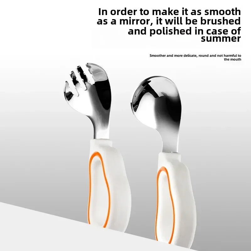 1PCS Baby Eating Training Soft Silicone Fork Spoon Short Handle Baby Easy To Grip 316 Stainless Steel Fork Spoons