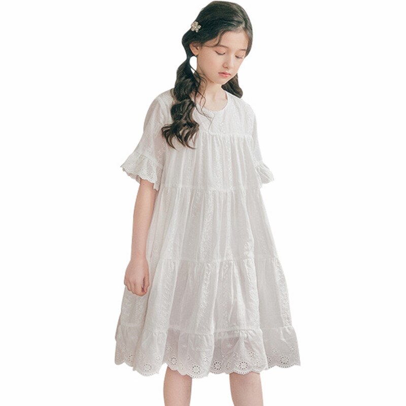 Kids Meisjes Losse Zomer Borduren Kant Witte Katoenen Flare Prinses Jurk Kind Tiener Meisjes Mode Oogje Jurken Kleding