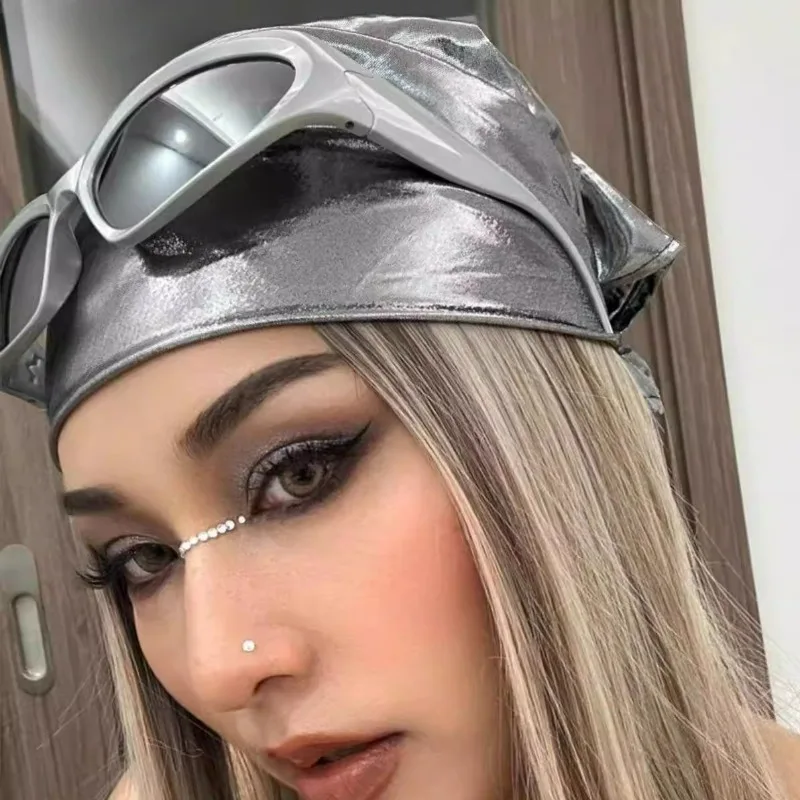 Y2K Punk Bandana Scarf for Hip Hop Girls Silver Blingbling Headband for Women Girls Square Head Scarf Hair Accessories