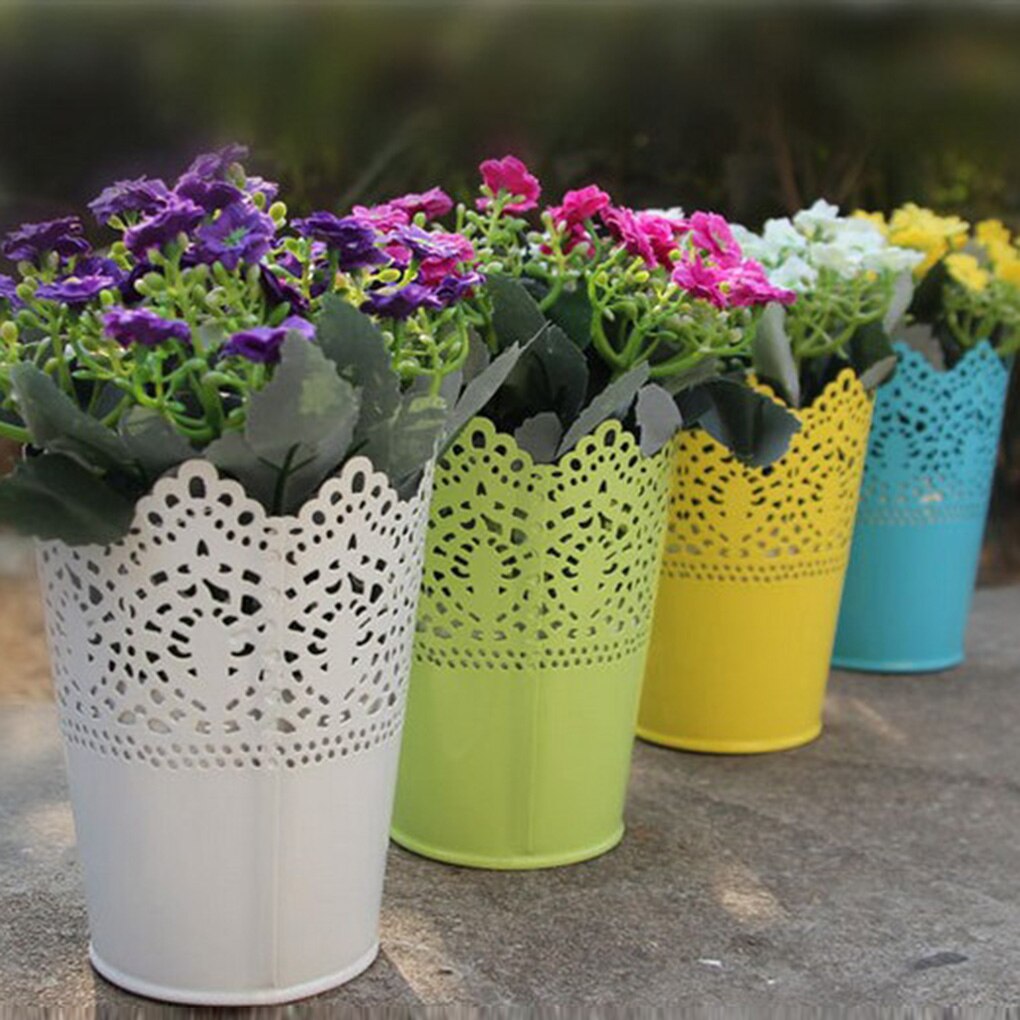 Maceta clásica de encaje para flores, soporte para escritorio, maceta de hierro para flores, maceta para plantas de Color sólido, herramientas de decoración de jardín para el hogar con bandeja