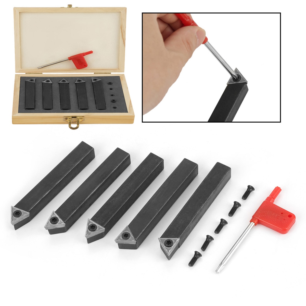 1/4 Inch Mini Indexable Carbide Lathe Turning Tool Holder Lathe Bit Set with Carbide Inserts 5 Pieces Lathe Cutter Turning Lathe