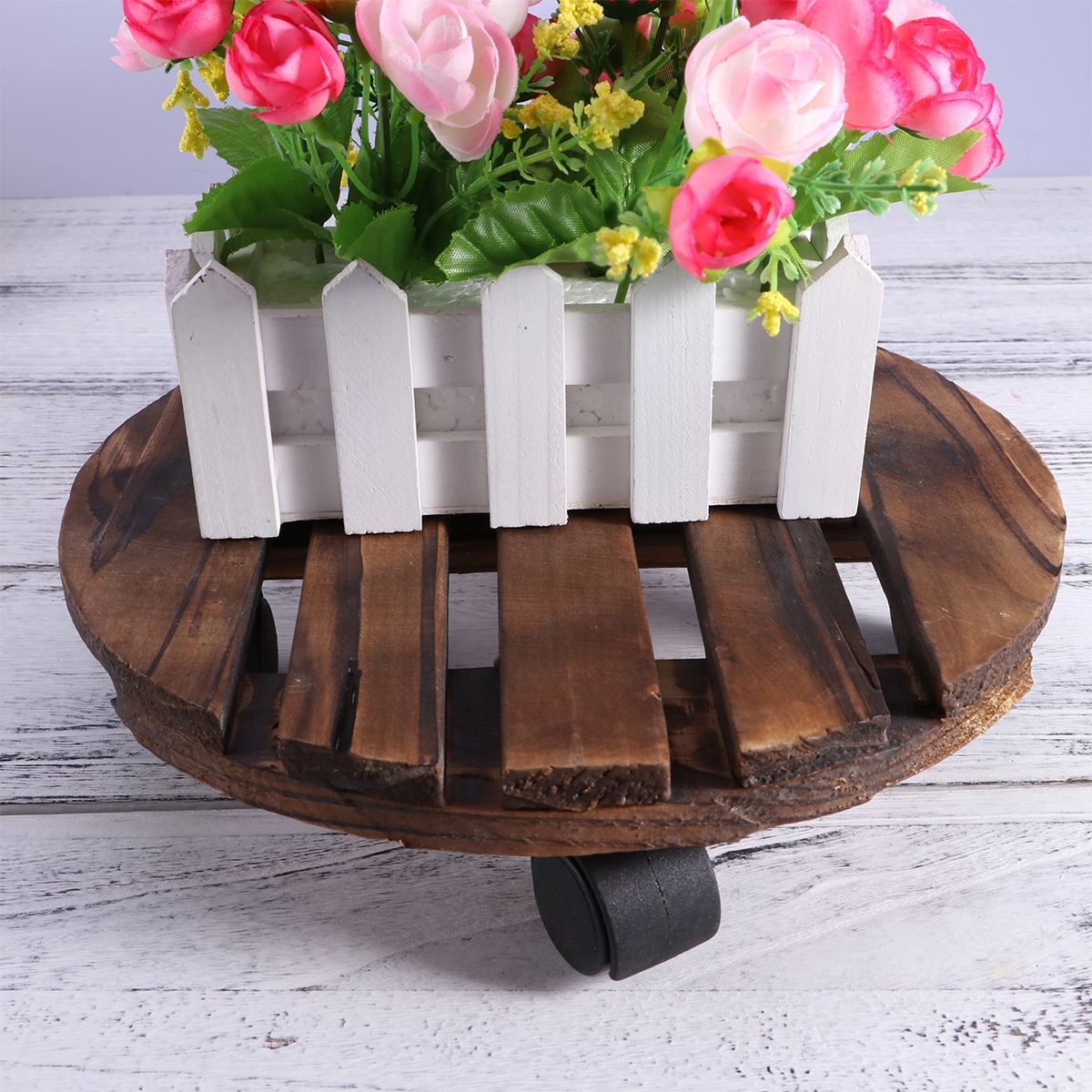 ! Support de Pot de fleur mobile de Caddy de planteur en bois de support rond de fleur pratique avec des roues pour la maison de jardin