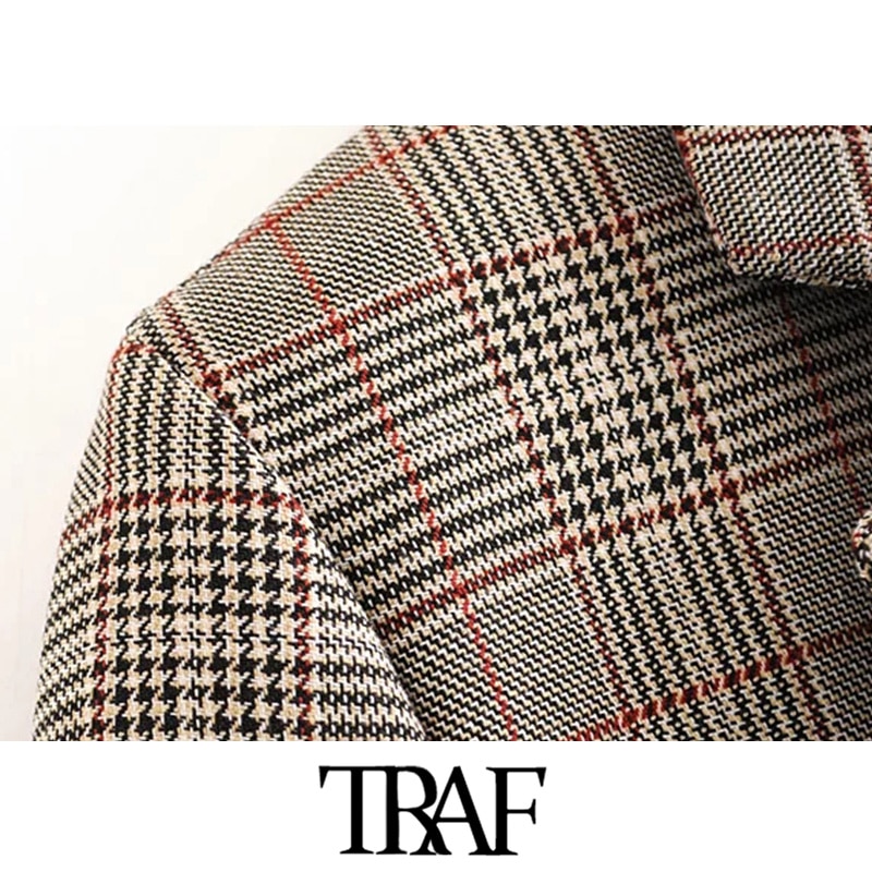 Traf kvinner vintage stilig kontorklær rutete blazerkåpe langermet med belte kvinnelig yttertøy elegante topper