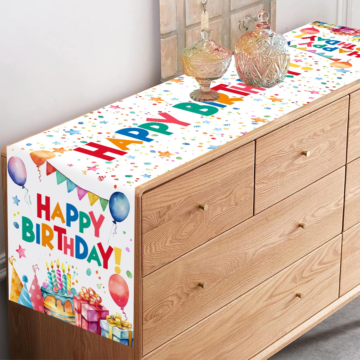 1pc Happy Birthday Party Polyester Table Runner with Colorful Balloons & Cake for Indoor/Outdoor Celebrations Home Birthd