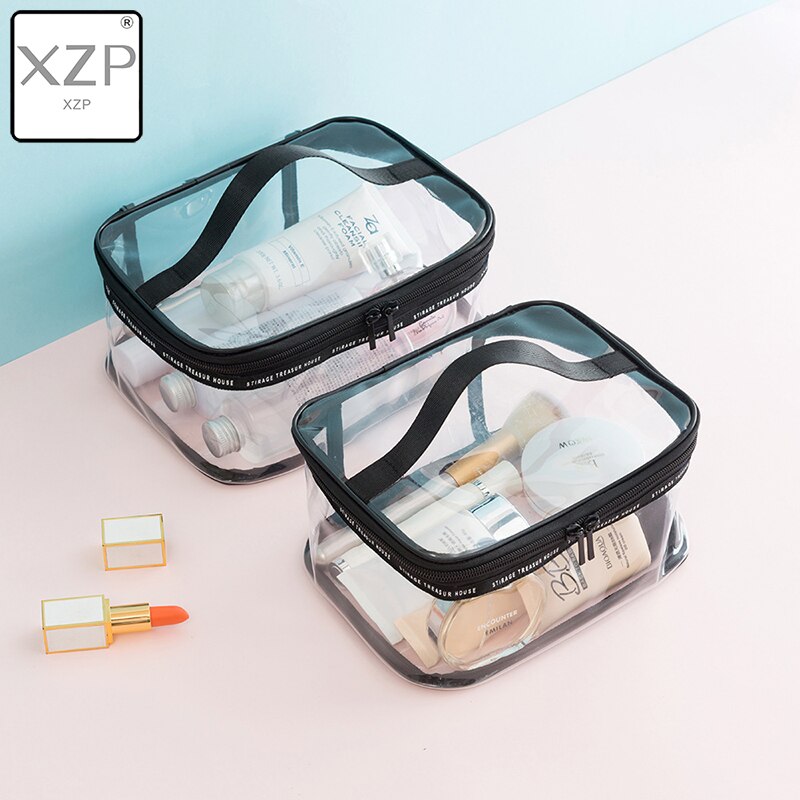 Xzp bolsa para cosméticos, maquiagem à prova d'água, transparente, de pvc, para viagens, com zíper, organizador para itens de higiene pessoal