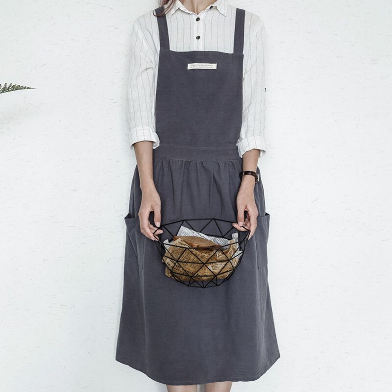Long Pink Blue Cotton Apron Cafe Barista Restaurant Waitress Bakery Florist Uniform Cook Baking Painting Crafting Work Wear D37: Black