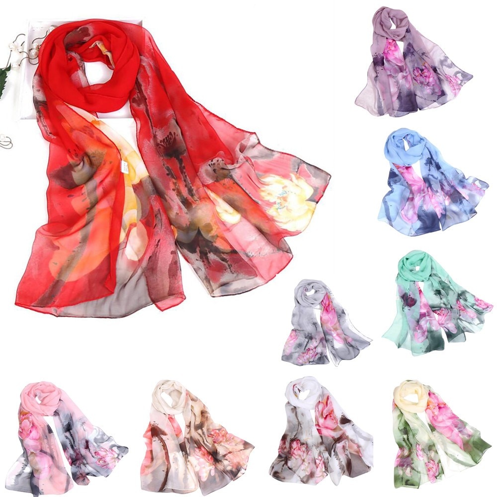 1# Women Scarf Unisex Ink lotus thin silk scarf Soft Wrap Shawl Scarves Chinese style Multi-Purpose шарфы женские