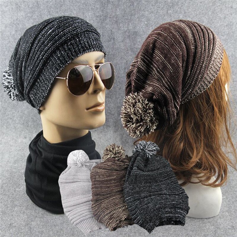 Warmer Knitted Hat Thick Warm Knit Crochet Beanies Winter Hats For Men Women Cap 4 Colors Bonnet With Big Plush Ball