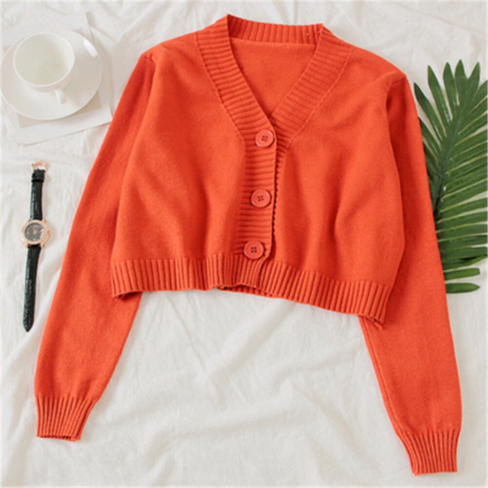 Women's Cropped Cardigan Sweaters Female Black White Short Sweater V Neck Single Breasted Sweater Woman Knitted Cardigan PZ3230: Orange