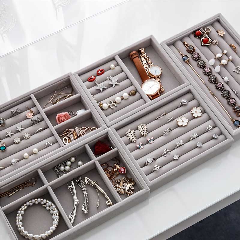 Caja de joyería artesanal hecha a mano, cajón organizador de almacenamiento de joyas de terciopelo suave gris, pendientes, collar, colgante, pulsera, bandeja, 9 opciones