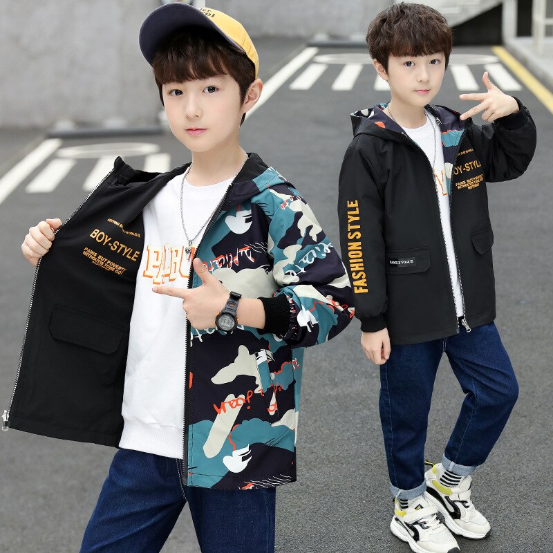 Kids Jongens Dubbelzijdig Slijtage Camouflage Capuchon Revers Lente/Herfst Grote Maagd Casual Jas 4-12 jaar Oud: green / 5