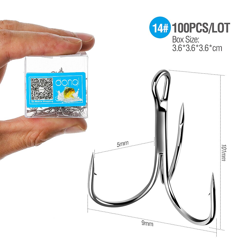 DONQL 100pcs/ Box Treble Fishing Hooks Carbon Steel Barbed Fishhooks Set Triple Hooks Sea Fishing Tackle Accessories For Lures: Size 14