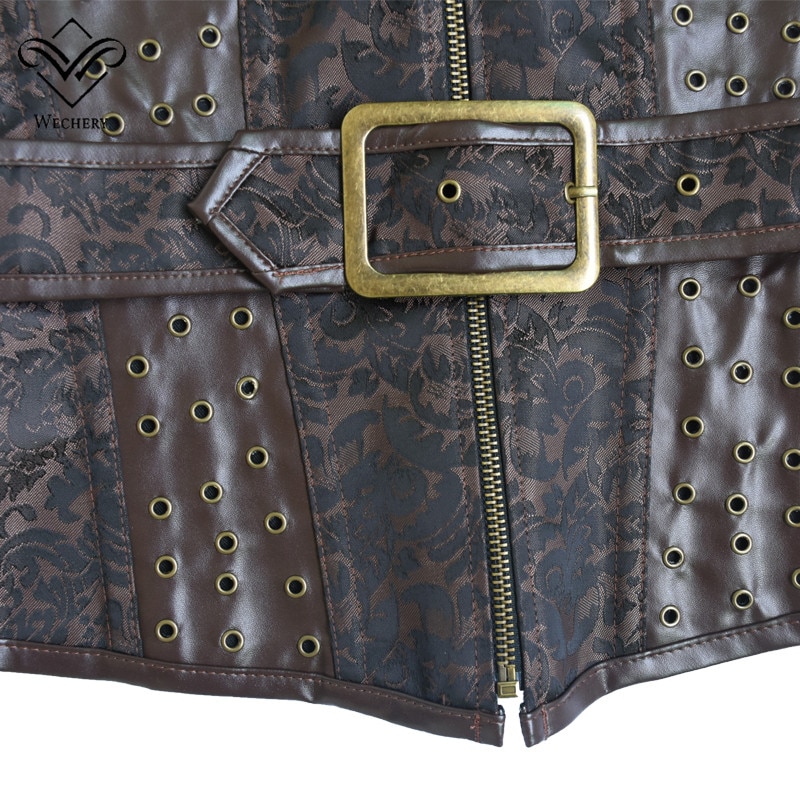 Wechery Brown Steampunk Corset Gothic Clothing Sexy Jacquard PU leather Steel Boned Zip Buckle Corsets And Bustiers