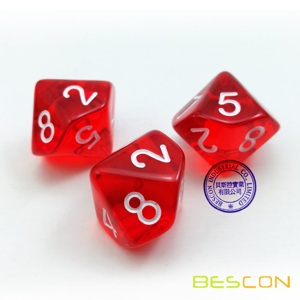 Bescon Polyhedral 10 Sides Dice with Number 1-10, Red Transparent 10 Sided Dice, 10 Sides Cube 1-10, 10pcs Set