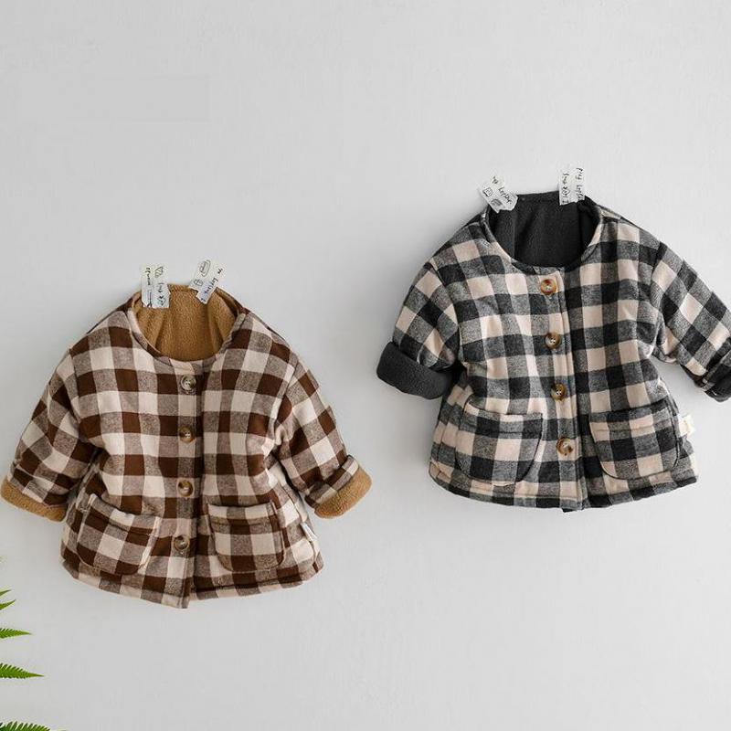 2020 nowe zimowe dziecięce ciepłe bawełniane kurtki dziewczęce ubrania dziecięce dziecięce kratki polarowe jednorzędowe płaszcze dla chłopców Outerwears