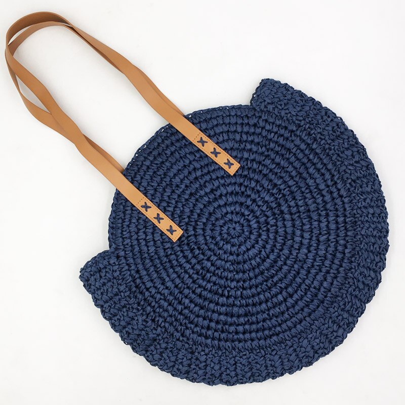 REREKAXI Hand geweven Ronde Vrouw Schoudertas Handtas Bohemian Zomer Stro Strandtas Reizen Winkelen Vrouwelijke Tote Rieten tassen: Dark blue bag