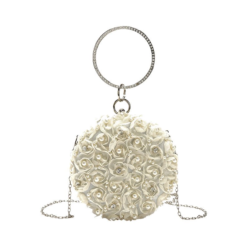 Pearl Flower Round Handle Party Women Handbag Shoulder Bag Chain Pursr Crossbody Mini Bag Female Totes Bag