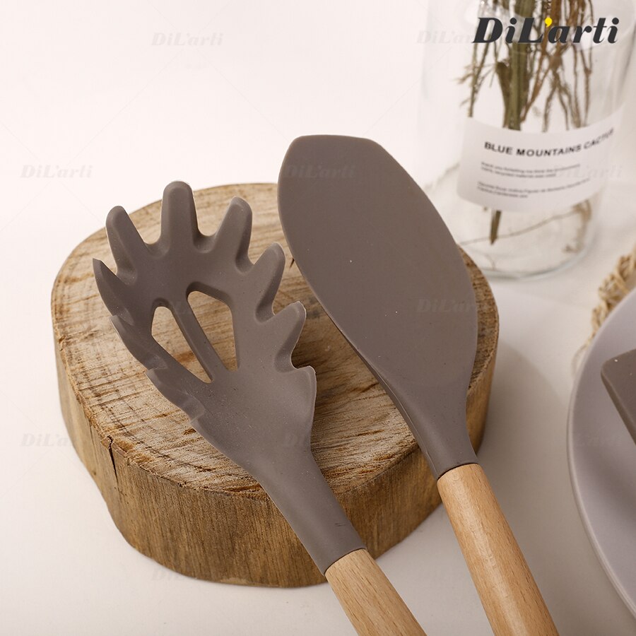 Juego de cocina de silicona antiadherente, resistente al calor, fácil de limpiar, de madera maciza, mango de madera de haya, juego de espátulas