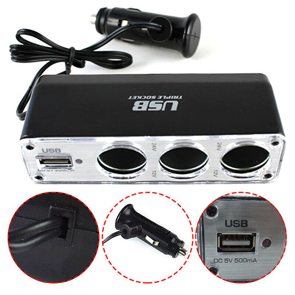 Car Lighter Multi Socket Triple Splitter USB Port Charger Adapter With Lighter Plug For 12V-24V Vehicles