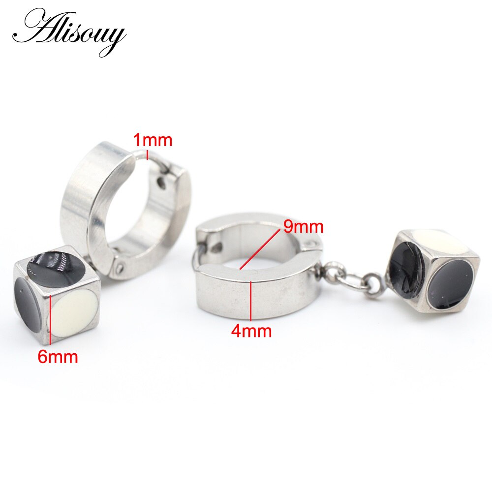 Alisouy 2 Stuks Punk Rvs Stud Huggie Hoop Oorbellen Voor Vrouwen Mannen Cube Vierkante Dice Dangle Oorbellen Hiphop Goth oorbellen: 6mm Steel Color