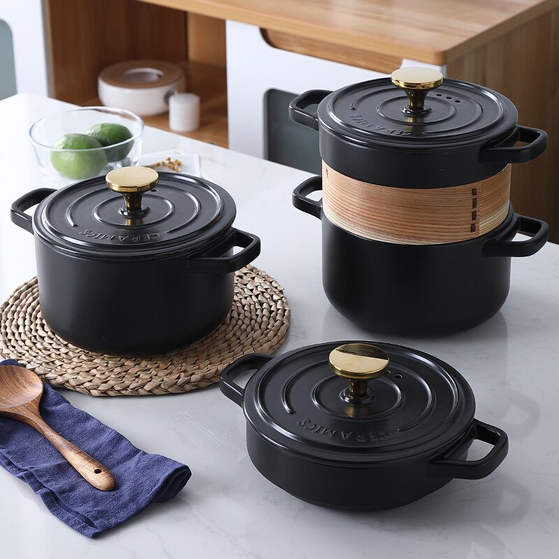 Ensemble de casseroles en céramique, cuiseur vapeur Double couche résistant à la chaleur, Imitation pot en fer, style nordique, pots de cuisine