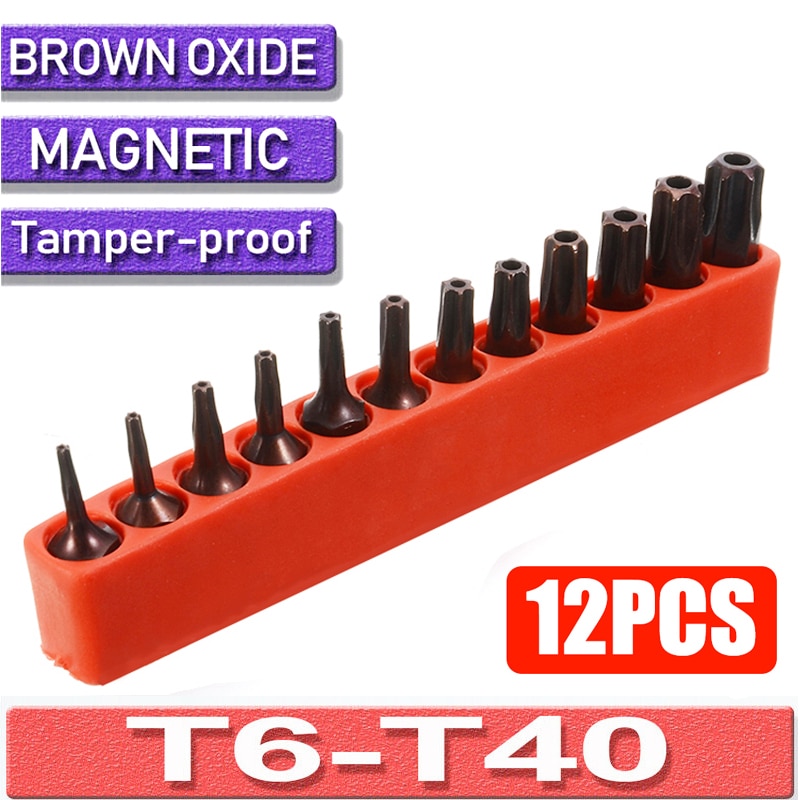 12 stuks  t6-t40 s2 magnetische torx-schroevendraaierbits 1/4 '' beveiligingsschroevendraaierbits van fraudebestendig gelegeerd staal voor boor- en luchtgereedschap