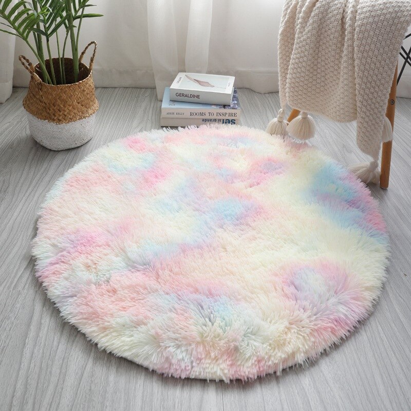 Rundt tæppe regnbue farverig gulvmåtte blødt fluffy tæppe behåret område tæppe til soveværelse stue tæppe lurvet ved siden af måtten: L diameter 120cm