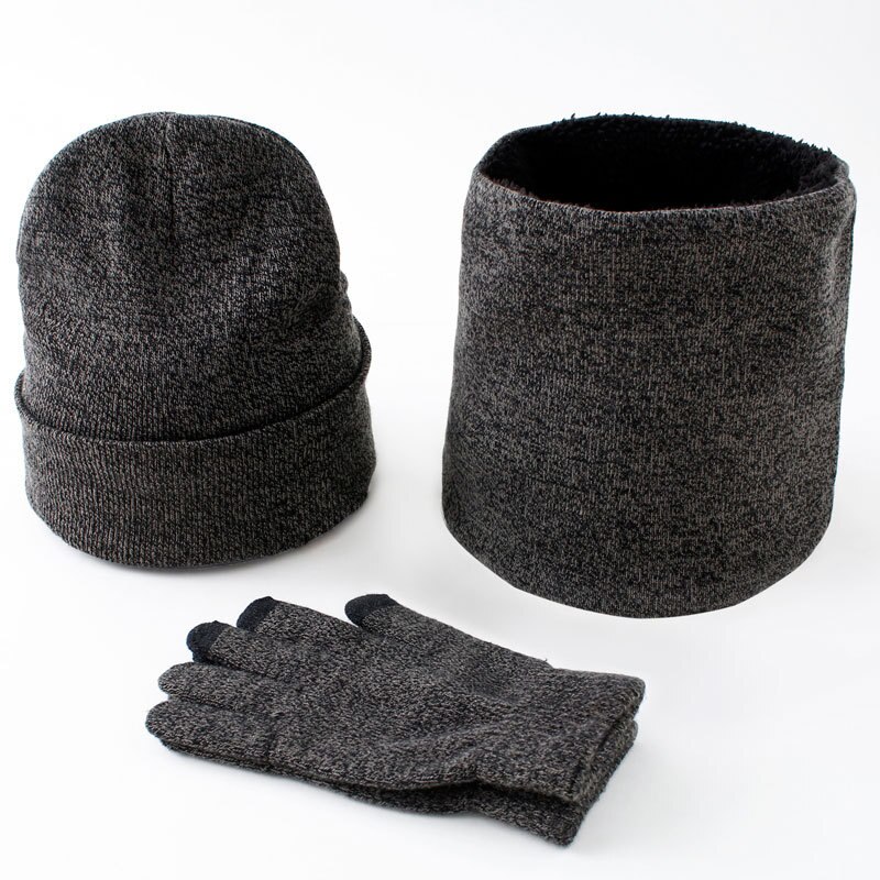 3 st/set mössor halsdukshandskar par vinter vindtäta tjocka halsdukar kit stickad plus sammetsmössa scarfset för män: Mide grå