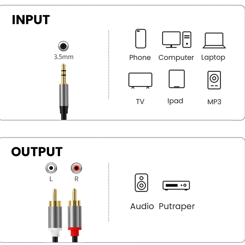 Kabel 3,5 mm na RCA 3,5 mm Aux na 2 RCA Adapter RCA Kabel audio 24K pozłacany męski na męski Stereo Aux do głośnika stereo