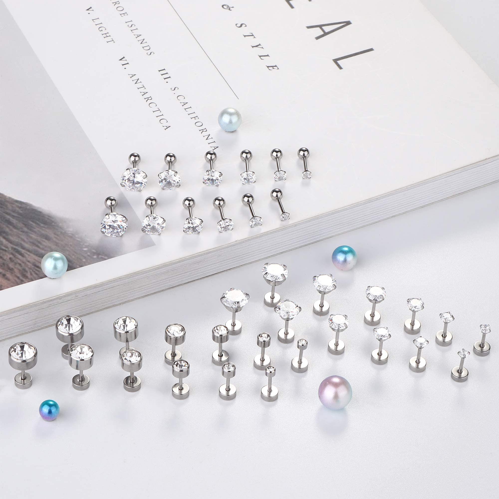 Wkoud 16G 1 Paar Rvs Screwback Kraakbeen Stud Oorbellen Voor Mannen Vrouwen Plaksteen Tragus Helix Oor Stud Piercing set
