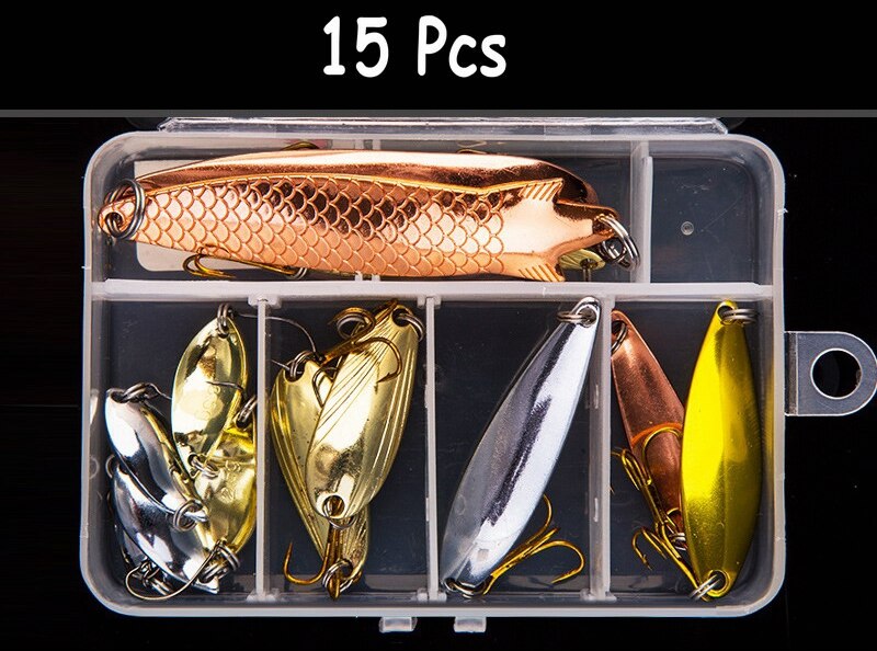 Multi fiskeri lokkesæt spinner crankbait minnow popper vib blød hård ske crank lokkemad fiskekroge tilbehør til redskabsboks: 15 stk-h