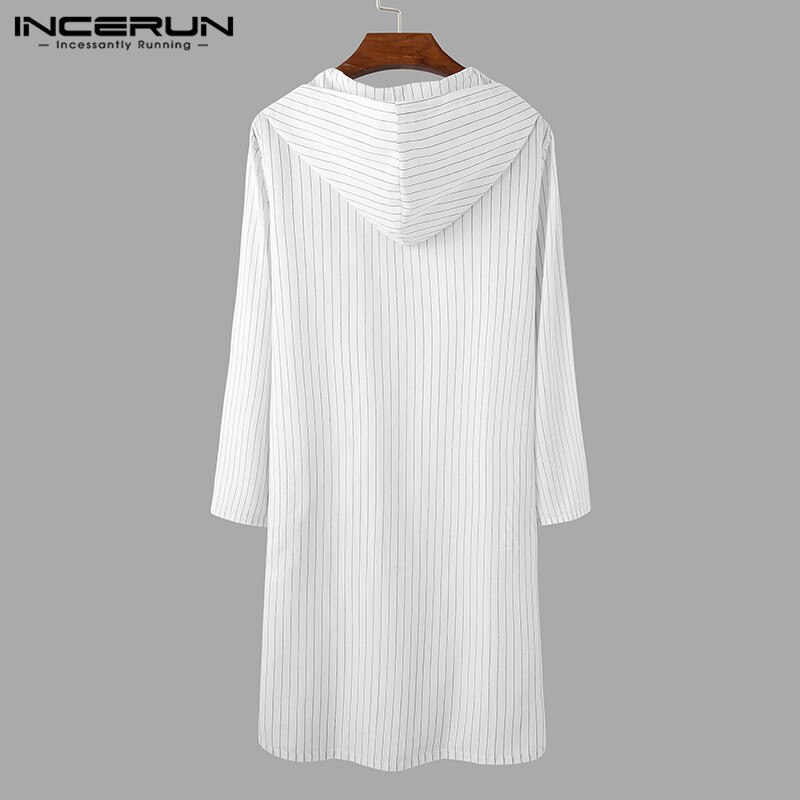 Incerun menn sovekåper hette langermet v-halslommer hjemmeklær menn bomull nattkjole stripet retro fritid natttøy s -5xl