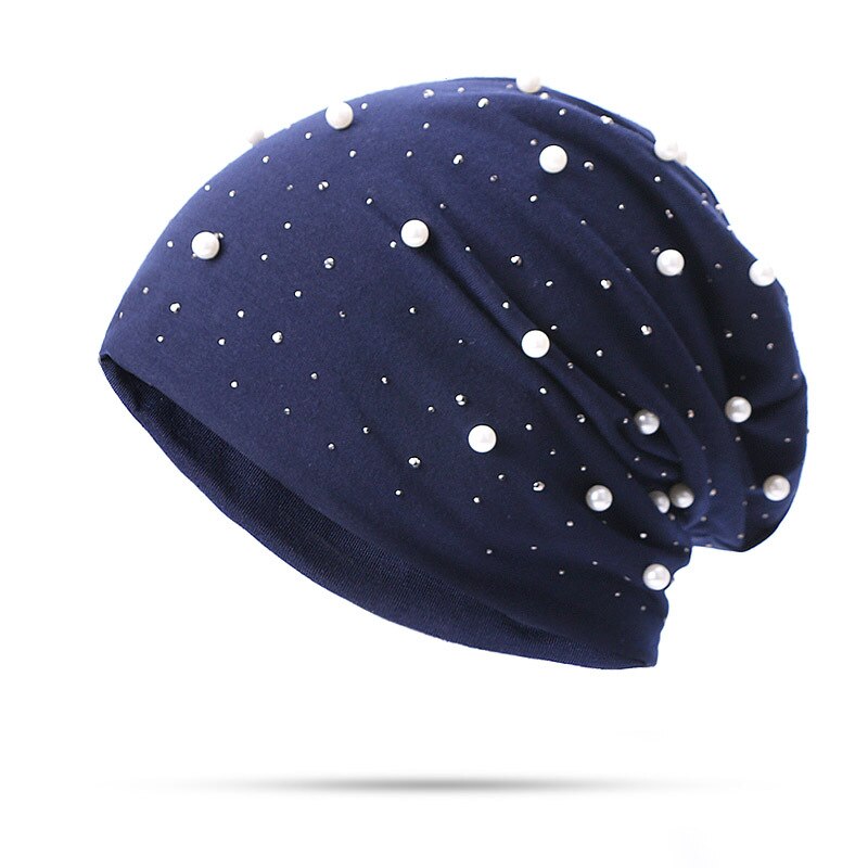 Soft Cotton Autumn Spring Beanie Hats Women Girls Pearl Rhinestones Warm Skullies Caps Turban Bonnet Hat Female Ladies: Cotton Navy blue 1