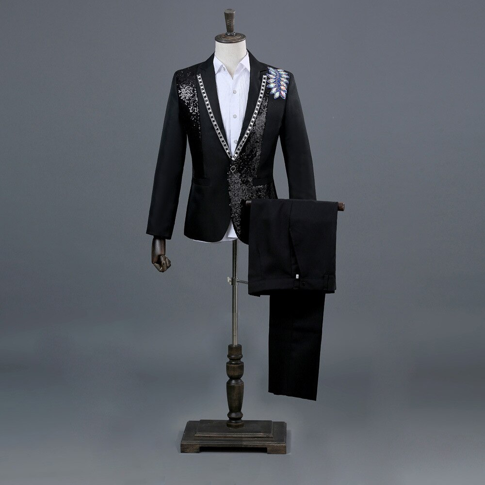 Hommes Double face 3D cristal broderie fleur hommes Costume ensemble scène chanteur discothèque Costume veste hommes Costume pour mariage Costume Homme: black / Asian L