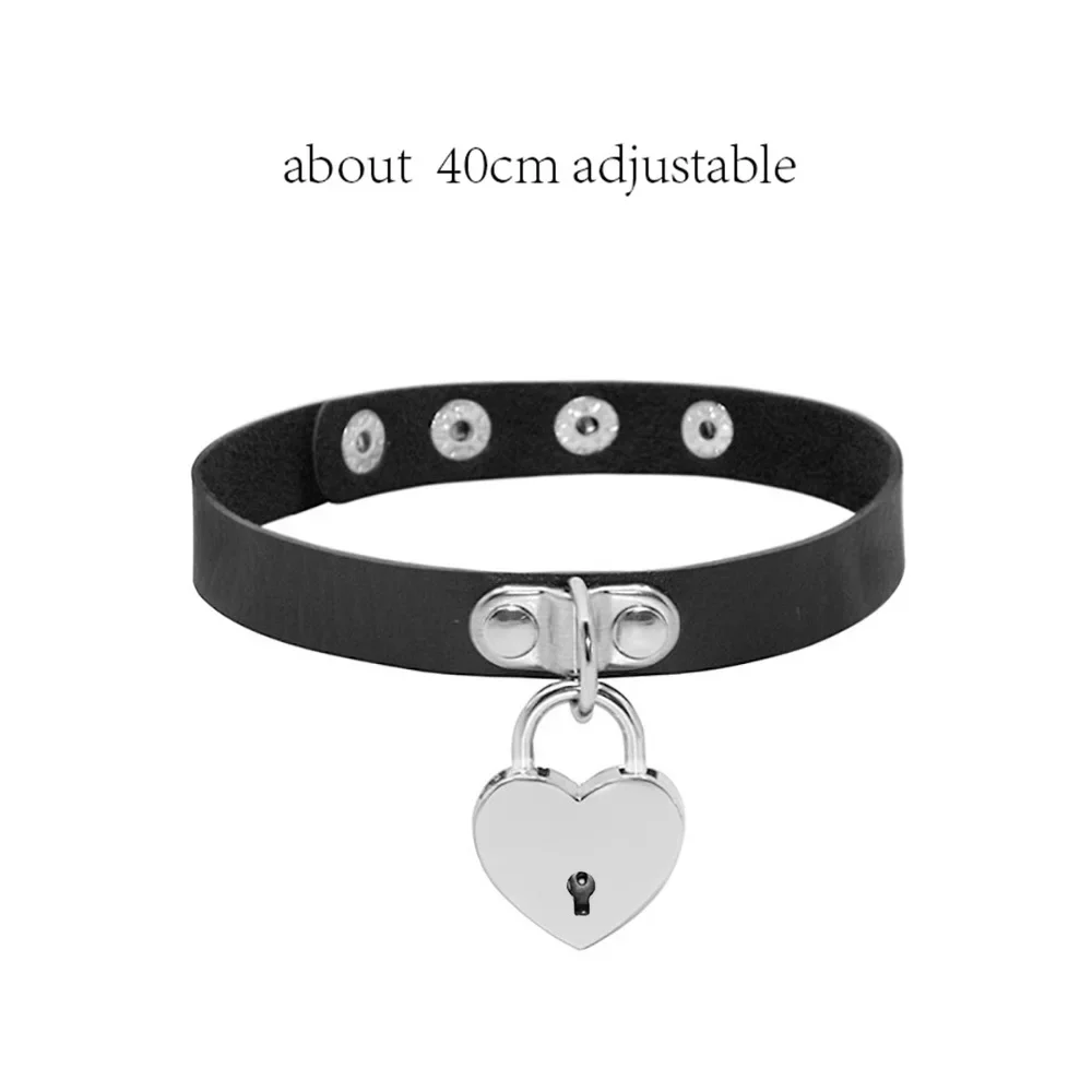 Harajuku Chocker Sexy Heart Lock Key Rivets Black Goth Punk Chokers Gothic Choker Naszyjnik dla kobiet Hip Hop Bondage Cosplay: Mosiądz Niklowany