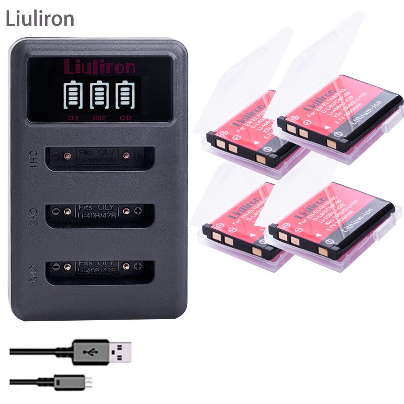 4x Li-40B Li 40B 42B batería + cargador para Olympus Li-42B NP-45 para Nikon EN-EL10 D-Li63 D-Li108 NP-80 CNP80 KLIC-7006: Charger and 4battery