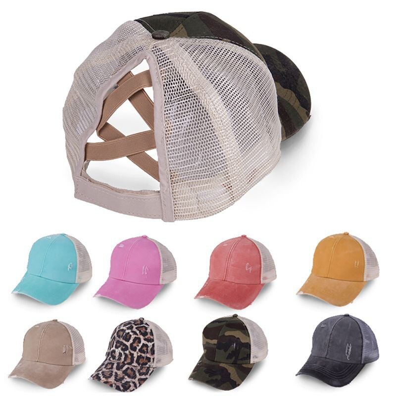 Ponytail Baseball Cap Women Distressed Washed Cotton Trucker Caps Casual Summer Snapback Hat Glitter Brim Satin Mesh Hats
