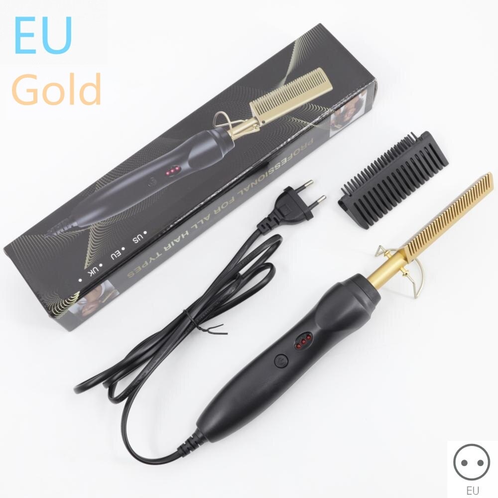 Plattång elektrisk lockig kam plattång borste snabbt kam hår rakt 2 in 1 korrugering lockar strykjärn: Eu guld