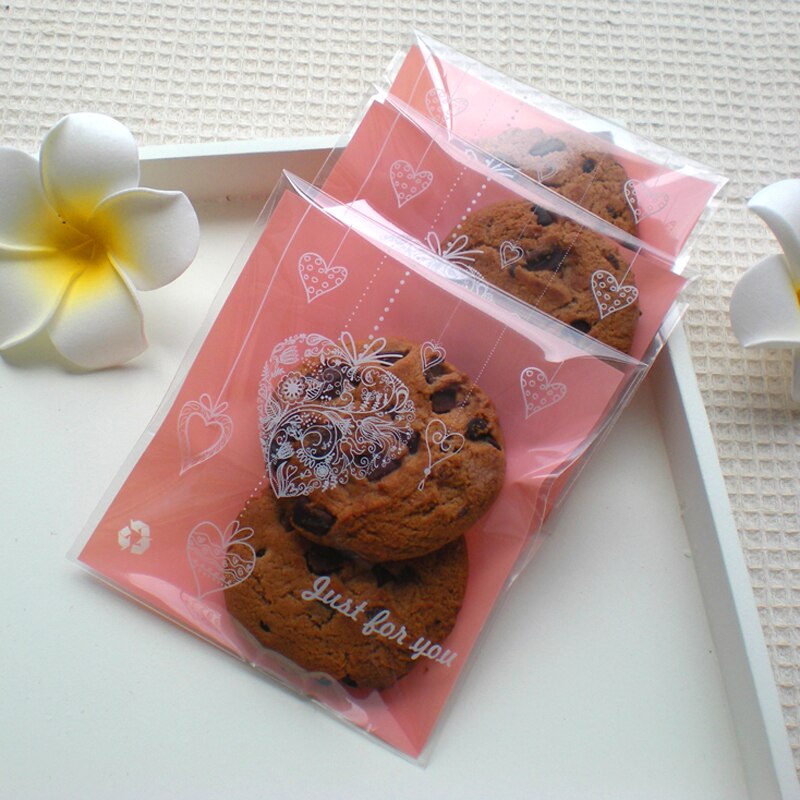 100 st rosa självhäftande plastpåsar för godis-cooike-förpackningspåse återförslutningsbara brevpapperskuvert kontor skolmaterial