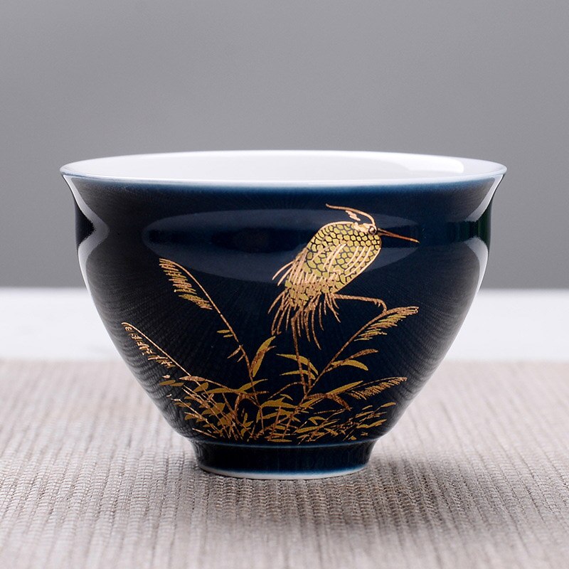 Indigo glasyr keramisk tekopp, målad gyllene kranmönster resor teskål kinesisk porslin tekopp set kung fu tekopp 75ml: 01